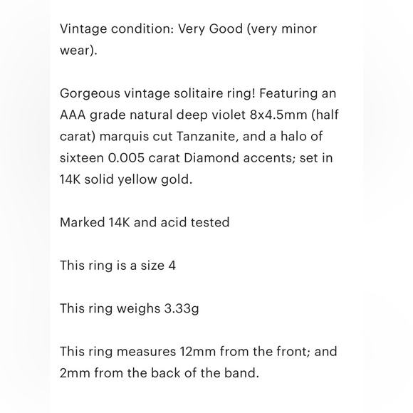 Vintage 14K Yellow Gold Tanzanite Diamond Halo Ring - Size 4 - Picture 10 of 10